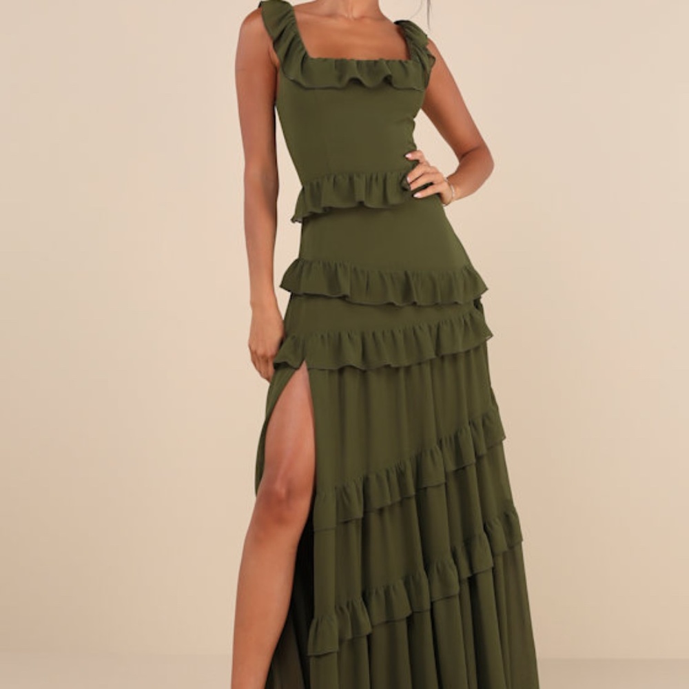 Lulus Compelling Romantic Olive Green Ruffled Tiered Maxi Dress Size Large NWT